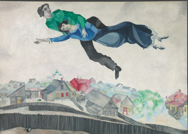 Marc Chagall Sulla città, 1914/1918 olio su tela , 139 x 197 cm Galleria di Stato Tretjakov di Mosca © The State Tretyakov Gallery, Moscow, Russia © Chagall ®, by SIAE 2018