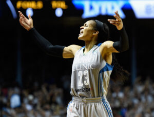 MINNEAPOLIS, MN - OCTOBER 04: Maya Moore #23 of the Minnesota Lynx pumps up the crowd in the final minute of Game Five of the WNBA Finals against the Los Angeles Sparks on October 4, 2017 at Williams in Minneapolis, Minnesota. The Lynx defeated the Sparks 85-76 to win the championship. NOTE TO USER: User expressly acknowledges and agrees that, by downloading and or using this Photograph, user is consenting to the terms and conditions of the Getty Images License Agreement. Hannah Foslien/Getty Images/AFP (Photo by Hannah Foslien / GETTY IMAGES NORTH AMERICA / Getty Images via AFP)