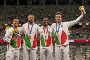 Gold medalist, team Italy, poses during the medal ceremony for the men's 4 x 100-meter relay at the 2020 Summer Olympics, Saturday, Aug. 7, 2021, in Tokyo. (AP Photo/Martin Meissner)