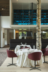 Detail of the dining room and the red wine cellar at Auener Hof Luxury Gourmet Resort,Sarntal Valley