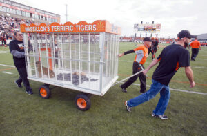 Obie  is taken across the endzone at Paul Brown Tiger Stadium after a lap around the entire stadium before a football game, on Aug. 27, 2015 in Massillon, Ohio.  Massillon's Washington High School started the season with Obie, its traditional mascot on hand, even though the district hasn't proved to the state that the mascot's display would meet stricter rules for possessing exotic animals. (Kevin Whitlock/Independent via AP) MANDATORY CREDIT