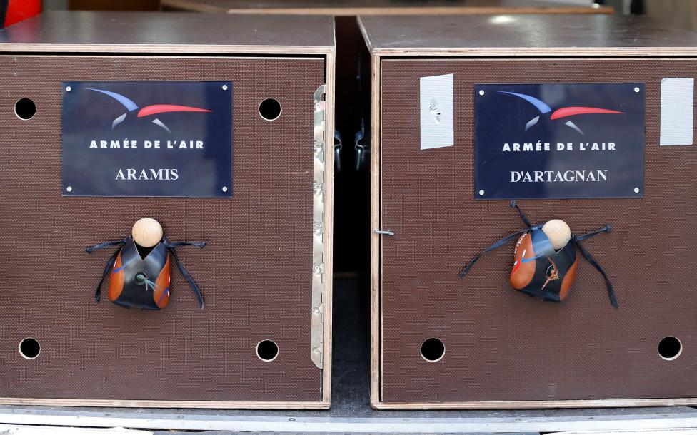Boxes with the names of golden eagles are pictured as part of a military training for combat against drones in Mont-de-Marsan French Air Force base. REUTERS/Regis Duvignau