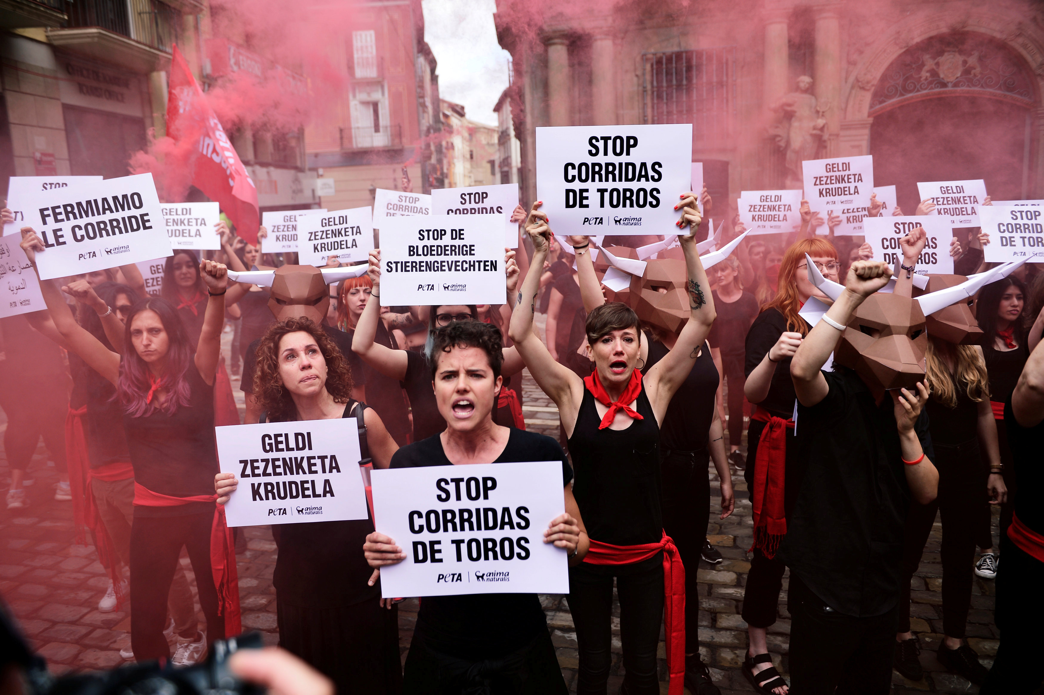 Protesters take part in a demonstration against bullfighting before the start of the San Fermin festival in Pamplona, Spain, July 5, 2018. REUTERS/Vincent West