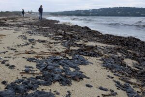 TOPSHOT - People walk past tar balls polluting Pampelonne beach at Ramatuelle, in the Gulf of Saint-Tropez, southeastern France, on October 16, 2018. - A week after the collision between two cargo ships off the Mediterranean island of Corsica, tar balls have been located polluting the beaches of the east of the Var, including the famous Pampelonne beach in the Gulf of Saint-Tropez. (Photo by GERARD JULIEN / AFP)