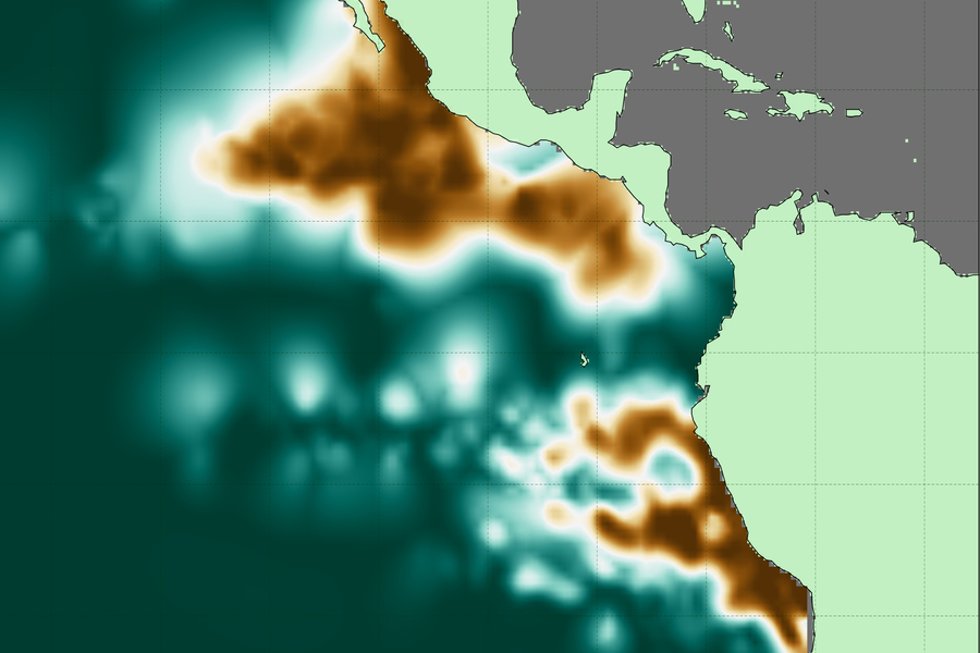 Caption:Oxygen deficient zone intensity across the eastern Pacific Ocean, where copper colors represent the locations of consistently lowest oxygen concentrations and deep teal indicates regions without sufficiently low dissolved oxygen. Credits:Credit: Jarek Kwiecinski and Andrew Babbin