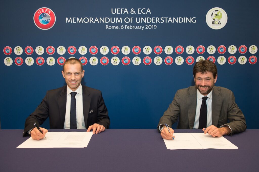 ROME, ITALY - FEBRUARY 06: UEFA President Aleksander Ceferin and ECA Chairman Andrea Agnelli signing a UEFA and ECA Memorandum of Understanding after the Executive Committee meeting at of the 43rd UEFA congress at hotel Cavalieri on February 6, 2019 in Rome, Italy. (Photo by Paul Murphy - UEFA)