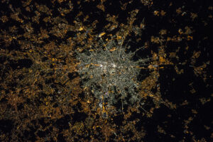 This image of Milan was acquired after the transition to LED technology in the centre. The illumination levels appear to be similar or even brighter in the centre than the suburbs, and the amount of blue light is now much higher, which suggests a greater impact on the ability to see the stars, human health and the environment. Since the European Space Agency’s NightPod device was installed on the ISS in 2012, astronauts have been taken systematic night images. It incorporates a motorised tripod that compensates for the station’s speed and the motion of the Earth below. Before that motion could blur images even though astronauts compensated with high-speed films and manual tracking. In 2003, NASA astronaut Don Pettit’s “barn door tracker” — a lower-tech precursor to NightPod using a motorised drill and assorted parts he accumulated on station — enabled the first motion-compensated night time imagery from the ISS. This image was taken by Samantha Cristoforetti.