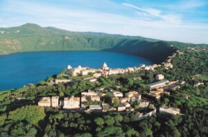 Aerial view of Castel Gandolfo, Lake Albano and the Alban Hills, Lazio, Italy