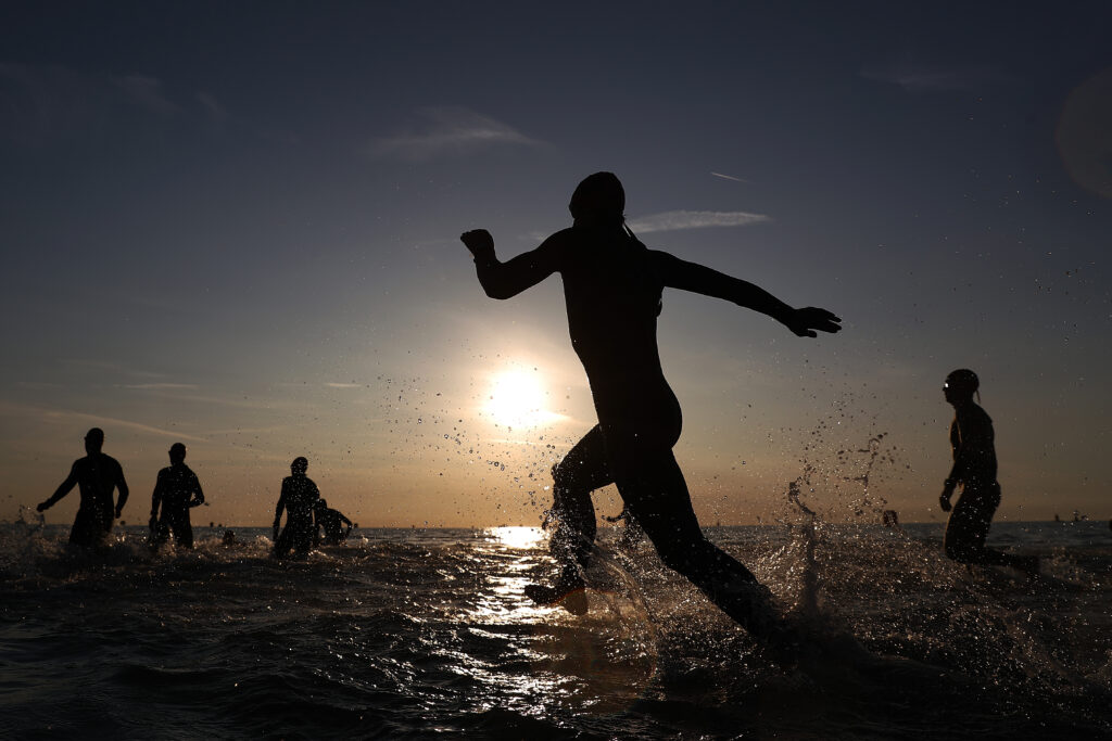CERVIA, ITALY - SEPTEMBER 23: Athletes enter the sea at the start of the swim leg of IRONMAN Italy Emilia Romagna on September 23, 2017 in Cervia, Italy. (Photo by Bryn Lennon/Getty Images for IRONMAN)